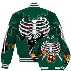 Brand Dunkare Oxidized Green 4s Shirt Skeleton Heart On Fire All Over Print Baseball Varsity Jacket Halloween Crew Neck Streetwear Outerwear, Green Outerwear With Graphic Print, Green 4s, Skeleton Heart, Heart On Fire, Varsity Jacket Men, Baseball Varsity Jacket, Fire Heart, Heart On