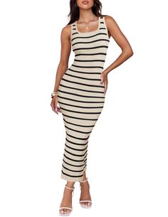 PRICES MAY VARY. S=US 4-6, M=US 8-10,L=US 12-14, XL=US 16-18. Please check the size chart before purchasing! Designed with a square neckline, this dress exudes elegance and sophistication. The bodycon silhouette, made from ribbed knit fabric, hugs your curves in all the right places while providing a comfortable fit. The dress features a trendy striped pattern, adding a playful and vibrant touch to your summer look. Its versatile style allows you to dress it up or down for various occasions, suc Walk Photography, Statement Accessories, Bodycon Maxi Dresses, Summer Stripes, Dresses 2024, Bodycon Midi, Midi Dress Bodycon, Versatile Style, Midi Dresses