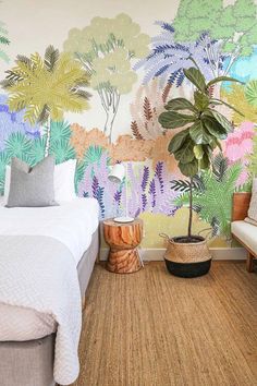 Sketch Trees Wallpaper Mural Living Room Tropical Forest Wallpaper, Vintage Mural, Made Wallpaper, Tree Wallpaper Mural, Botanical Vintage, Turquoise Wallpaper