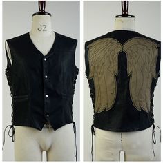 two images of a black leather vest with angel wings on it