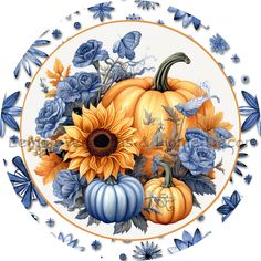 a plate with sunflowers and blue flowers on it