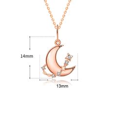 Pendant Size: 14mm * 13mm Accent Stone: AAA Cubic Zirconia Metal Material: Solid 925 Sterling Silver Metal Electroplating: Rose Gold Chain Length: 400mm + 50mm Adjustable Total Weight: 2g Rose Gold Celestial Necklace With Moon Phase, Celestial Rose Gold Necklace With Moon Phase, Celestial Rose Gold Moon Phase Necklace, Celestial Rose Gold Necklace With Moon Charm, Celestial Crescent Rose Gold Necklace, Rose Gold Moon Necklace With Moon Charm, Rose Gold Moon Charm Necklace, Fancy Accessories, Silver Necklaces Women