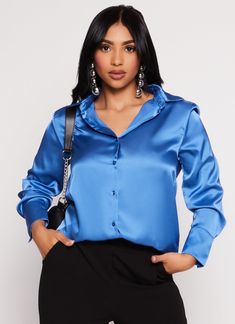 Ambiance, Long Sleeves, Shirt Collar, Shirt, Solid, Satin, Item Number 3005054264775 Trendy Collared Blue Blouse, Trendy Blue Collared Blouse, Chic Blue Shirt For Office, Chic Blue Office Shirt, Trendy Blue Office Shirt, Collared Blue Blouse With Button Closure, Blue Collared Blouse With Button Closure, Chic Blue Collared Shirt, Chic Blue Button-up Shirt