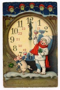 an old fashioned christmas card with a clock and two mice holding wine glasses in front of it