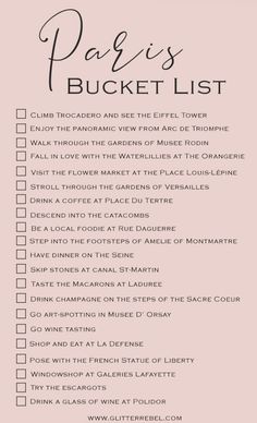 the paris bucket list is shown in black and white, with pink flowers on it