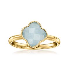 Ross-Simons - Italian 1.40 Carat Aquamarine Clover Ring in 14kt Yellow Gold. Size 10. From Italy, we offer this serene ring. Here, a 1.40 carat clover-shaped aquamarine takes center stage in textured and polished 14kt yellow gold. 3/8" wide. Aquamarine ring. Aquamarine birthstones are the perfect gift for March birthdays. March Birthdays, Filigree Hoop Earrings, Aquamarine Birthstone, Clover Ring, Gold Flower Ring, Aquamarine Colour, Floral Studs, Pearl Jewelry Sets, Top Rings