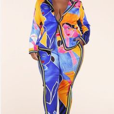 Plus Size 2 Piece Art Pants Set. Blazer With Notched Lapels, Single-Button Closure, Two Front Pockets. With Matching Ankle Pants. Material: Polyester And Spandex Fitted Multicolor Pantsuit For Workwear, Yellow Long Sleeve Pantsuit For Spring, Yellow Long Sleeve Spring Pantsuit, Bold Fitted Blue Bottoms, Spring Yellow Long Sleeve Pantsuit, Plus Size Art, Ankle Pants, Size 2, Blue Yellow