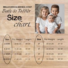 DIGITAL PRODUCT You will NOT receive a physical product.  Size charts for Bella Canvas 3001B, 3001T, and 3001Y.  Measurements pulled from Bella Canvas official website for accurate measurements.  Commercial Use: **You may use this product to help you sell your own products that you create. You may not resell this digital product as your own. Baby Size Chart, Toddler Size Chart, Baby Size, Size Charts, Kids Tops, Canvas Size, Crochet Baby, Bella Canvas, Gender Neutral