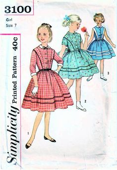 SIMPLICITY 3100: Use this very late 1950s vintage sewing pattern for girls to sew a charming dress with a full skirt, sleeve variations, and shirtwaist style. Scroll down to learn more about the size, pattern condition, and garment details. SIZE INFORMATION: Girl Size 7 Breast 25 inches Waist 22.5 inches Hip 27 inches PATTERN CONDITION: COMPLETE, USED (instructions and all pattern pieces (cut and in very good used condition)) GARMENT INFORMATION: Dress details: - dart-fitted bodice with front button closure - peter pan collar - shaped bretelles (front and back) - sleeveless, short fitted sleeves, or 3/4-length fitted sleeves with turn-back cuffs - full gathered skirt - optional sash ties in side seams - optionally trim with rickrack, bias tape, ribbon, or contrast fabric bands COPYRIGHT: 1 Vintage Dresses For School In Spring, Retro Short Sleeve School Dresses, Retro Cotton School Dress, Retro Fitted Dress For School, Retro Fitted School Dress, Vintage Dress With Doll Collar And Buttons, Vintage Doll Collar Dress With Buttons, 50s Dress Pattern, 1950s Girl