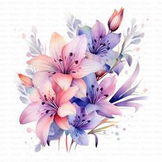 a bouquet of pink and purple flowers on a white background with watercolor splashes