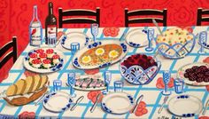 a painting of a table full of food and wine