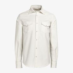 A collection standout with some definitive American flair, this western-style off-white shirt is tailored slim with a stitched-on placket, pointed flap pockets, snap buttons, and classic collar-perfect on its own or layered over a t-shirt for an effortless casual style. Fitted Collared Shirt With Flap Pockets, White Button Closure Shirt For Fall, Cream Button-up Shirt With Pockets, Classic Cream Top With Spread Collar, Classic Fall Shirt With Flap Pockets, Classic Shirt With Flap Pockets For Fall, Classic Fitted Tops With Flap Pockets, Classic Fitted Top With Flap Pockets, White Cotton Tops With Flap Pockets