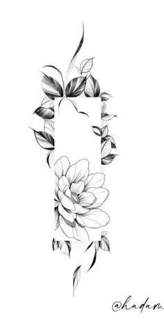 a black and white drawing of flowers in the shape of letter b with leaves on it