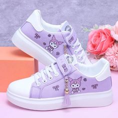 Upgrade your street style with these harajuku kuromi print lace up canvas sneakers. these stylish sneakers feature a unique print design, white laces, and a durable rubber sole for added comfort . Kuromi Print, Perfect Sneakers, Girls Shoes Sneakers, Sanrio Kuromi, Sole Sneakers, Breathable Shoes, Student Fashion, Kids Fashion Girl, Sneaker Brands