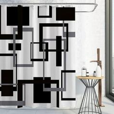 a shower curtain with black and white squares on it