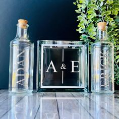 two empty glass bottles sitting next to each other on top of a table with a plant in the background