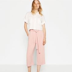 Adorable Soft Pastel Pink Culottes (Cropped Pants) From Zara Basic In Size M. Brand New, Never Worn! Elastic Waistband, Chiffon Material. Paperbag Style On The Waist And Built In Tie Belt. Versatile Wide Leg Pants For Spring Day Out, Chic Spring Wide Leg Pants With Tie Waist, Chic Wide Leg Pants With Tie Waist For Spring, Casual Ankle-length Wide Leg Pants With Tie Waist, Casual Wide Leg Trousers With Tie Waist, Spring Workwear Bottoms With Tie Waist, Trendy Wide-leg Spring Culottes, Trendy Wide-leg Culottes For Spring, Casual Summer Daywear Pants