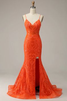 Long Ball Dresses, Orange Mermaid, Noodle Strap, Evening Dresses Cocktail, Sophisticated Dress, Vestidos Prom, Split Dress, Mermaid Prom Dresses, Mermaid Dresses