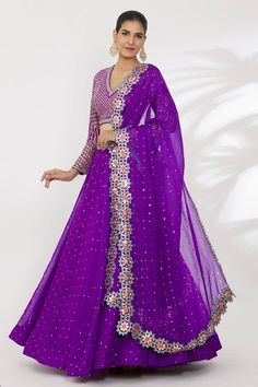 Purple lehenga with sequin, mirror, zari thread embroidery. Paired with embroidered blouse and cutwork border embroidered dupatta. - Aza Fashions Festive Chanderi Lehenga With Zari Work, Designer Kundan Palazzo Set With Mirror Work, Designer Dola Silk Palazzo Set With Mirror Work, Festive Chanderi Lehenga With Resham Embroidery, Festive Anarkali Sharara With Mirror Work, Dola Silk Sharara With Mirror Work For Reception, Dola Silk Lehenga With Mirror Work For Eid, Dola Silk Sharara With Resham Embroidery For Reception, Dola Silk Sharara With Dupatta For Reception