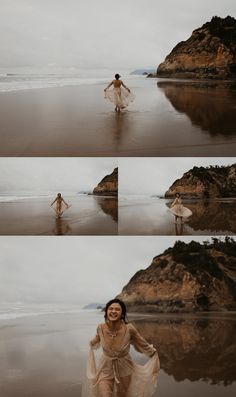 a woman is walking on the beach with her dress flowing in the wind and smiling