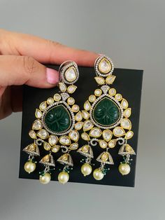 Sabyasachi inspired premium quality carved stone polki kundan earring in emerald green  and baby pink color. Inspire your style with this dual tone designer earring with premium polki kundan and american diamond with dome shaped small jhumkis. Adorn this classic and elegant jewelry for wedding, reception. cocktail or party.  Premium quality kundan is wrapped in pretty gold color with victorian finish American diamond details. Best quality of craftmanship.  All orders Ship same day if placed befo Wedding Reception Cocktail, Reception Cocktail, Long Statement Earrings, Polki Earrings, Baby Pink Colour, Kundan Earrings, Carved Stone, Indian Wedding Jewelry, Kundan Jewellery