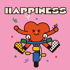 a cartoon character on a bike with the words happiness