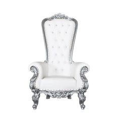 a white chair with silver trimmings on the arm and back, sitting against a white background