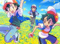 three young people are running through a field with yellow flowers in the foreground and blue sky above them