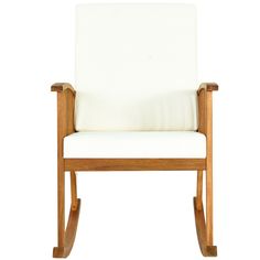 a wooden chair with white upholstered fabric