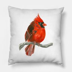 a red bird sitting on top of a white pillow with a tree branch in front of it