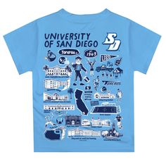 Let your kiddo look cool in his new Vive La Fete Impressions hand sketched artwork boys tee shirt. Let him play, go to the game, and cheer loudly and proudly with his University of San Diego Toreros gear by Vive La Fete.Celebrate and cheer on game day with our classic design University of San Diego Toreros Short Overstitched Crew Neck Sleeve Top. Officially Licensed product sold by Vive La Fete.This awesome graphics, fun and game day crew neck t-shirt features officially licensed University of S Blue Cartoon Print T-shirt For Fans, Blue Cartoon Print T-shirt Fan Merchandise, Blue Character Print Shirt For Streetwear, Blue Pre-shrunk T-shirt For School, Pre-shrunk Blue T-shirt For School, Blue Fan Apparel Tops With Character Print, Blue Tops With Character Print For Fans, Blue Character Print Tops For Fans, Blue Character Print Fan Apparel Tops