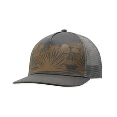 an image of a trucker hat with palm trees on the front and grey visor