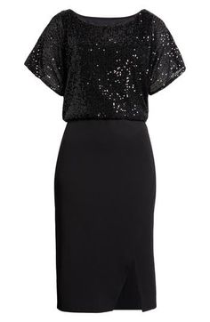 Twinkling sequins shimmer like evening stars on this event-ready dress completed by a solid skirt. 42 1/2" length Slips on over head Boat neck Short sleeves Partially lined 97% polyester, 3% spandex Hand wash, dry flat Imported Elegant Sequin Fabric For Evening Dress And Festive Occasions, Elegant Festive Sequin Fabric For Evening Dress, Festive Contrast Sequin Dress For Night Out, Evening Formal Contrast Sequin Fabric, Elegant Holiday Sequin Dress With Contrast Details, Elegant Holiday Sequin Dress With Contrast Sequins, Elegant Holiday Sequin Dress With Contrast, Elegant Contrast Sequin Fabric For Night Out, Elegant Embellished Sequin Fabric For Holidays