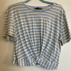 - Forever 22 Cropped, Front Knot Top - Never Worn Before, Perfect Condition - Blue, Yellow, And White Striped Design - Size: Women Medium Forever 21 Striped Cotton Tops, Casual Striped Tops From Forever 21, Forever 21 Yellow Cotton Top, Trendy Yellow Forever 21 Tops, Forever 21 Blue Crop Top, Forever 21 Yellow Casual Top, T Shirt Knot, Knot Top, Forever21 Tops