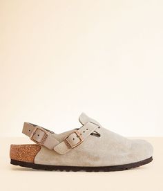 Birkenstock® Tokio Suede Clog - Grey US 5, Women's Taupe Leather slip-on clog Adjustable buckle straps Anatomically shaped cork footbed. Due to the nature of leather/suede, small variances of color in the skin may occur, this is in no way considered a defect. These are inherent characteristics of leather/suede and will enhance the individual look of your garment.. Upper: Suede leather. Insole: Leather. Footbed: Natural cork. Outsole: EVA. Apparel & Accessories Tokio Birkenstock, Clog Birkenstock, Birkenstock Tokio, Birkenstock Clogs, Suede Clogs, Shoes Photography, Taupe Leather, Clog Heels, Slingback Shoes