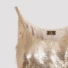 Rabanne Print Mesh Gold Aluminum Tank Top. Crafted from the iconic golden-tone aluminum mesh, round neckline, thin straps, straight hem, unlined. Ysl Sandals, Kurt Geiger Heels, Red Valentino Shoes, Expensive Handbags, Mesh Tank Top, Stella Mccartney Bag, Gold Models, A Perfect Circle, Valentino Shoes