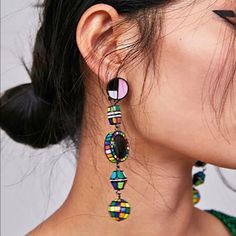 Taken From Iconic Fashion Looks From Retro Silhouettes, These Earrings Have Cool Geometric Shapes And Dramatic Bold Colored And Patterned Beads. 4” Length Lightweight Surgical Pierced Post Jewelry Colorful, Earring Trends, Tassels Fashion, Long Drop Earrings, Enamel Earrings, Girls Earrings, Metal Earrings, Online Earrings, Tassel Earrings