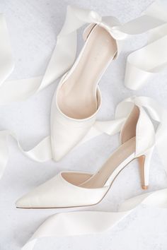 White Wedding Heels Simple Bride Shoes, Satin Wedding Shoes With 4-inch Heel, Satin Closed-toe Bridesmaid Wedding Shoes, Wedding Day Heels, Closed Toe Satin Heels For Wedding, Satin Closed Toe Heels For Wedding, Fitted Satin Heels For Prom, Satin Wedding Shoes With Low Heel, White Satin Bow Wedding Shoes For Bridesmaids