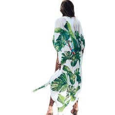 Green Leaf Print Chiffon Kimono Beach Cover Up Summer Chiffon Cover-up, Chiffon Cover-up For Vacation, Chiffon Beach Dress For Summer, Summer Chiffon Beachwear Cover-up, Summer Chiffon Beach Dress Cover-up, Chiffon Beach Dress Cover-up For Summer, Chiffon Beach Dress For Beach Party, Spring Beachwear Chiffon Cover-up, Spring Chiffon Beachwear Cover-up