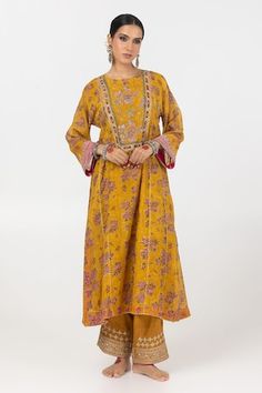 Mustard yellow A-line kurta with floral block print and sequin embroidery. Paired with matching embroidered hem pant. - Aza Fashions Kurta Women, Floral Block Print, Embroidered Hem, A Line Kurta, Floral Pajamas, Sequin Embroidery, How To Hem Pants, Kurta With Pants, Sequins Embroidery