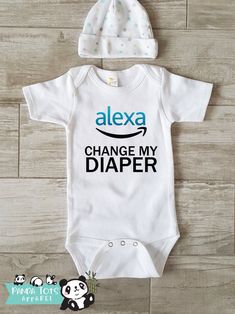 a white baby bodysuit with the words,'alex change my diaper '