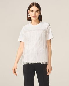 PLP Elegant Cotton T-shirt For Spring, Elegant White T-shirt For Spring, Chic Relaxed Fit T-shirt With Crew Neck, Chic Relaxed Fit Crew Neck T-shirt, Elegant Crew Neck Cotton T-shirt, Elegant Short Sleeve Cotton T-shirt, Shirt Making, Dressing Up, Ivory Color