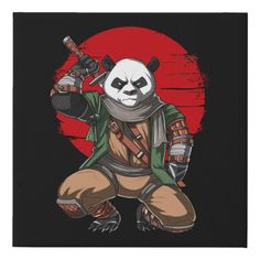 a cartoon panda holding two swords in front of a red sun