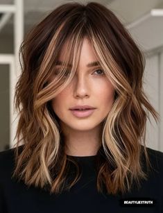 Color Block Fall Hair, Fall Hair For Fair Skin Brown Eyes, Light Brown With Partial Highlights, Fall Hair Side Part, Brown Hair Thick Money Piece, Fall Midlength Hairstyles, Brunette Hair With Blonde Bangs, Medium With Bangs Shoulder Length, Winter Highlights And Lowlights