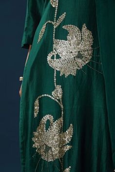 Green chanderi straight kurta with floral embroidery using beads, sequins. Paired with a pant and scallop trimmed dupatta. - Aza Fashions Festive Embellished Embroidered Art Silk Fabric, Diwali Embellished Art Silk Embroidered Fabric, Unstitched Embellished Art Silk Salwar Kameez, Embellished Chanderi Fabric In Traditional Drape, Embellished Chanderi Kurta With Traditional Drape, Traditional Dola Silk Sequined Sharara, Traditional Embellished Unstitched Straight Kurta Suit, Embellished Chanderi Churidar Straight Kurta, Embellished Chanderi Kurta For Transitional Season