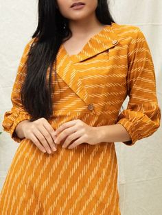 Buy Yellow Ikat Kurta online at Theloom Sleeve Design For Kurti, Collar Kurti Design, Embroidery Quotes, Kurti Blouse, Quotes Embroidery, Latest Kurta Designs, Embroidery Abstract, Design For Kurti, Embroidery Geometric