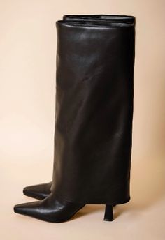 The NKC Store pointed toe classic black boot with fold over detail. Soft Vegan Leather, Heel Height: 3in, Shaft Height: 19in, Boot Opening: 15in Shaft Circumference: 14in. Shipping could take 7-14 days. fall winter boots, shoe obsession, pointed toe heeled boots, sustainable women's shoes, clothing, shopping, footwear, it girl, cool girl aesthetic Boots Folded Over, Fold Over Boots Outfit, 2025 Predictions, Foldover Boots, Sick Shoes, Fall Winter Boots, Heels Ideas, Cool Girl Aesthetic, Classic Black Boots