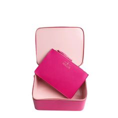 Hollis Hot Pink Jett Setter Makeup Bag With Pouch Elegant Zipper Pouch Bag For On-the-go, Luxury Pink Pouch Box Bag, Elegant Compact Bag With Zipper Closure, Elegant Compact Bag With Zipper, Luxury Pink Rectangular Cosmetic Bag, Pink Bags With Removable Pouch In Rectangular Shape, Luxury Pink Cosmetic Bag For Everyday Use, Pink Rectangular Box Bag For Daily Use, Pink Rectangular Case Shoulder Bag For Travel