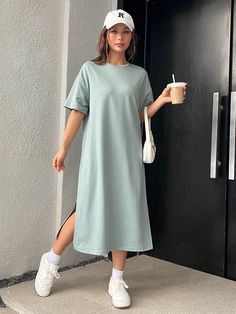 Solid Split Hem Drop Shoulder Tee Dress Mint Green Casual  Half Sleeve Knitted Fabric Plain Tee Slight Stretch  Women Clothing, size features are:Bust: ,Length: ,Sleeve Length: T Shirt Midi Dress, Shirt Midi Dress, Camel Style, Dress With Split, Drop Shoulder Tee, Tees Pattern, Evening Gowns Elegant, Plain Tees, Summer Black