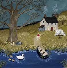 a painting of a house by the water with ducks in front of it and a boat on the water